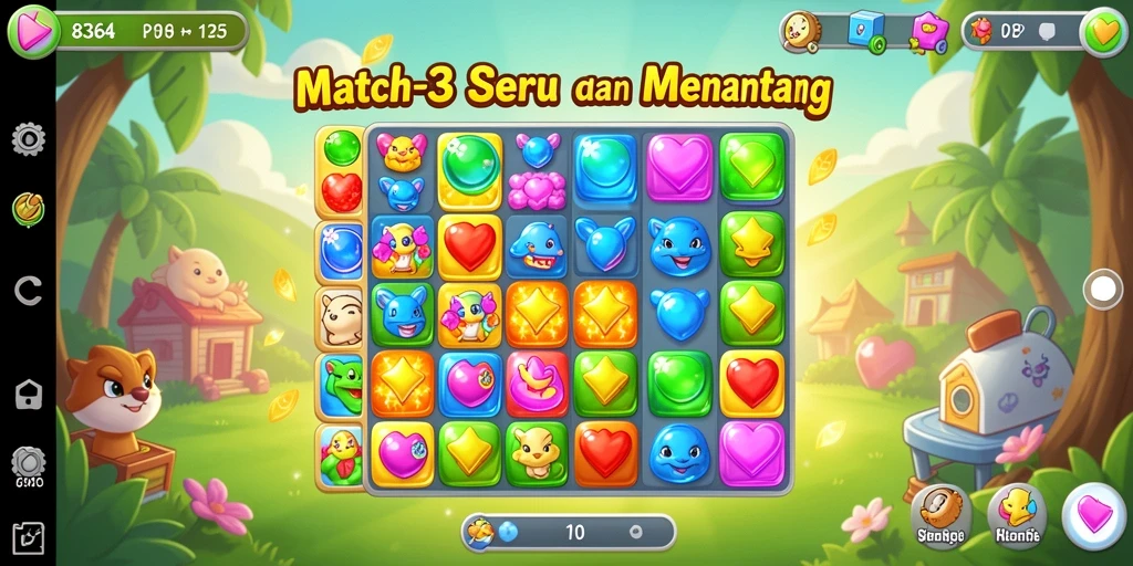 Screenshot menunjukkan gameplay seru Match-3 yang penuh warna.