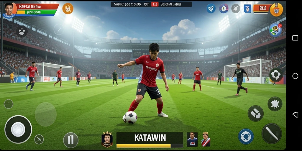 Screenshot gameplay KATAWIN dengan aksi seru di lapangan sepak bola.