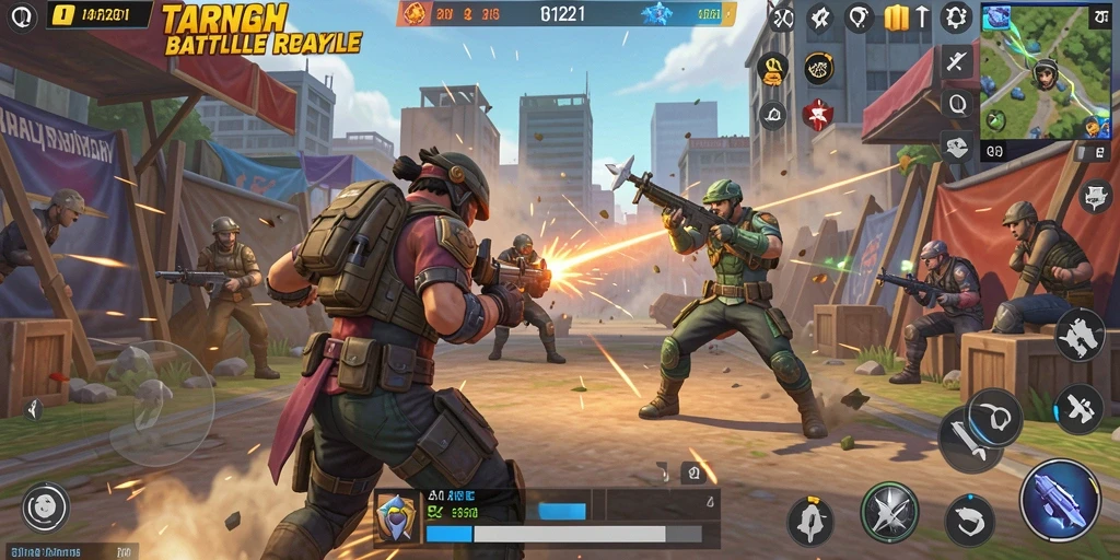 Tangkapan layar gameplay QQ1221 menampilkan aksi seru di medan perang Battle Royale.