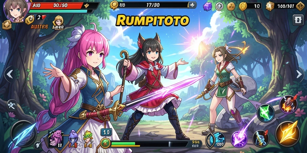 Tangkapan layar gameplay RUMPITOTO dengan karakter anime dan aksi seru.
