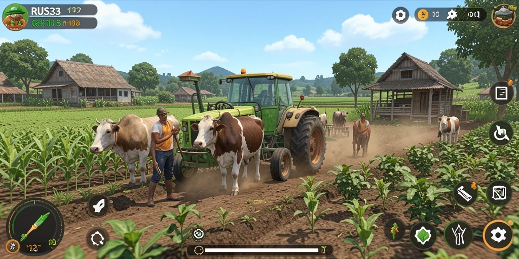 Tampilan gameplay menarik dalam RUSA33 dengan beragam aktivitas pertanian.