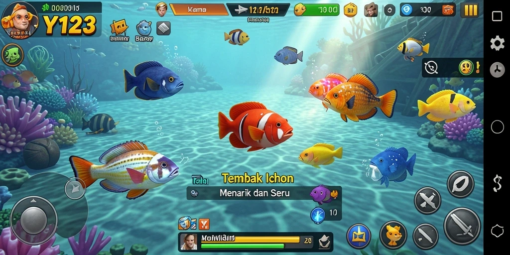 Screenshot gameplay YY123 menampilkan aksi menembak ikan di lautan yang penuh warna.
